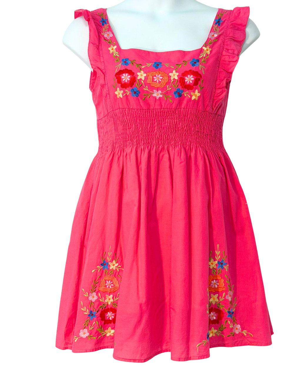 Just Love Sz L Fit Flare Peasant Dress Square Neck Boho Embroidery Pink Cotton